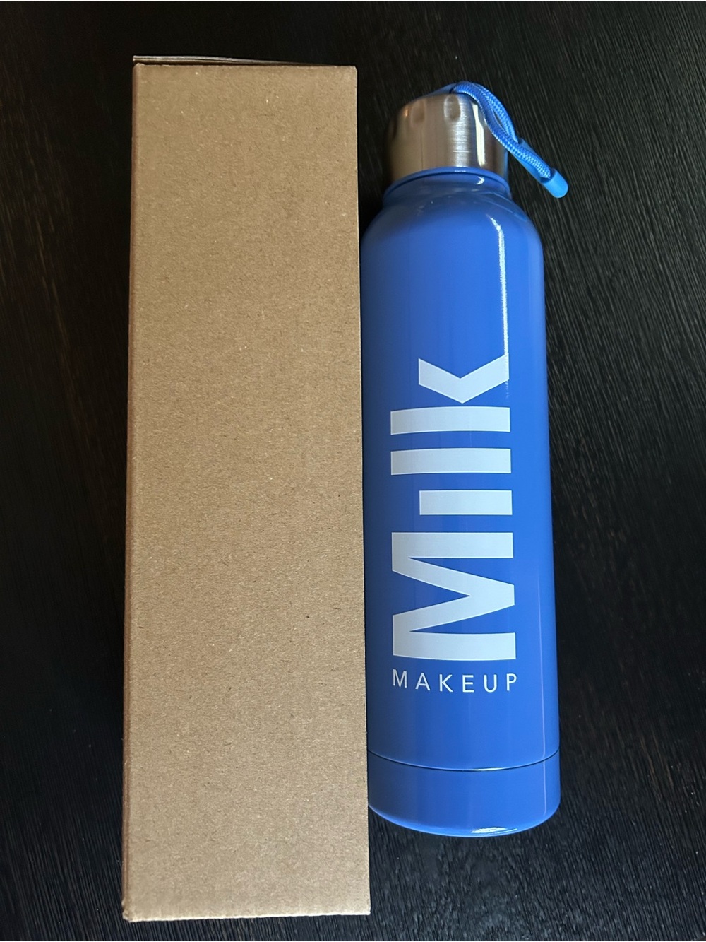 NEW Milk Makeup Blue Stainless Steel Water Bottle with Silver Lid & Strap NIB